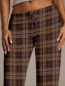 Aloruh 女士复古棕色格子全幅印花低腰裤，适合秋冬季穿着 - 棕色 - 查看 8