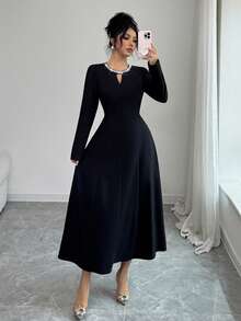 SHEIN Raffinéa 女士优雅长袖水钻装饰圆领收腰鸡尾酒连衣裙，黑色，奢华风格，适合正式场合 - 黑色 - 查看 4