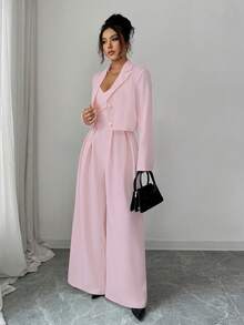 Elenzga 新款女式梭织面料细肩带露背可调节肩带阔腿连体裤，缺口领长袖夹克，通勤百搭优雅年轻女士两件套，秋冬 - 粉色 - 查看 6