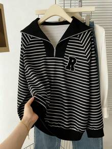 INAWLY Plus Size Polo Collar Zip-Up Striped Long Sleeve Sweatshirt - Black - View 4