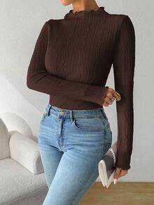 SHEIN Essnce 女士春夏秋季纯色荷叶边立领长袖修身T恤，深棕色上衣 - 咖啡棕 - 查看 6