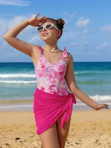 SHEIN Girls One Piece Swimsuit With Cover Up, Pink Seashell Print, Ruffle Shoulder, Quick Dry, Adjustable Straps, Beach Swimwear For Kids, Summer Vacation, Pool Party, 1pc Tween Girls Tie Dye & Seashell Print One-Piece Swimsuit Swim Skirt Teen Girls Tween Swimsuits Sea Shells Bikini Set With Sarong Skirt Swimsuit Tween Pink Tween Girl Swimsuit With Skirt - Multicolor - View 7