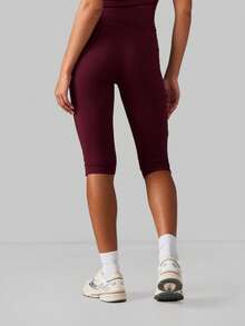 MISSGUIDED 高腰七分紧身裤，带褶裥缝线，女士弹力运动瑜伽裤，运动休闲七分裤 - 酒紅色 - 查看 2