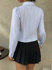 SHEIN EZwear 女士白色条纹梭织泡泡长袖单排扣衬衫 - 白色 - 查看 2