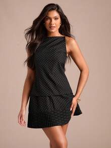 Enchnt Spring/Summer Romantic Women's Polka Dot Backless Top & Pleated Mini Skirt Set,Chic&Elegant For Party&Date&Holiday&Graduation&Going Out - Black and White - View 4
