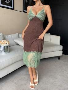 DAZY 迷人撞色蕾丝拼接碎花吊带裙，女士款 - 咖啡棕 - 查看 6