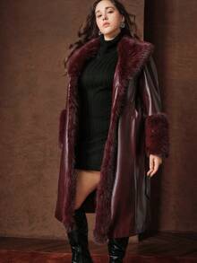 Anewsta معطف طويل بأسلوب جديد مع ياقة فرو قابلة للإزالة، من الجلد الصناعي اللامع باللون البرغندي مع حزام، مناسب للمقاسات الكبيرة في فصلي الخريف والشتاء - مشاهدة 6