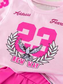 SHEIN 2pcs/Set Young Girls Pink College Letter Print Top + Pleated Skirt