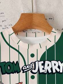 TOM & JERRY X SHEIN 男童休闲撞色条纹卡通图案短袖T恤，夏季