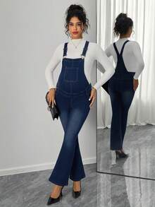 SHEIN Maternity Ombre Color Fitted Pocket Flare Leg Denim Overalls - Dark Wash - View 7