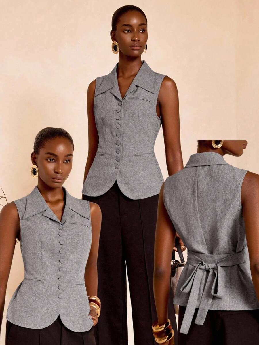 Zivah 2025秋冬新品，学院风，学生装，日常休闲，百搭，度假，街头，通勤，灰色翻领背心，假口袋，无袖，适合日常休闲穿着 - 灰色 - 查看 1