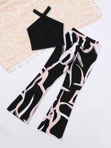 SHEIN Tween Girl Academy Cross Halter Top And Flare Pants Set - Black - View 2