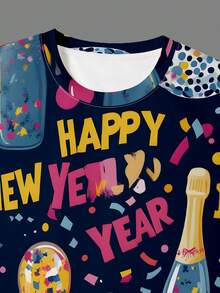 Manfinity Homme 男士休闲日常通勤百搭新年香槟印花宽松T恤，夏季 - 彩色 - 查看 5