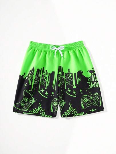 Fantacosmos Tween Boy Fluid Print Beach Video Gamepad & Letter Graphic Drawstring Waist Swim Trunks