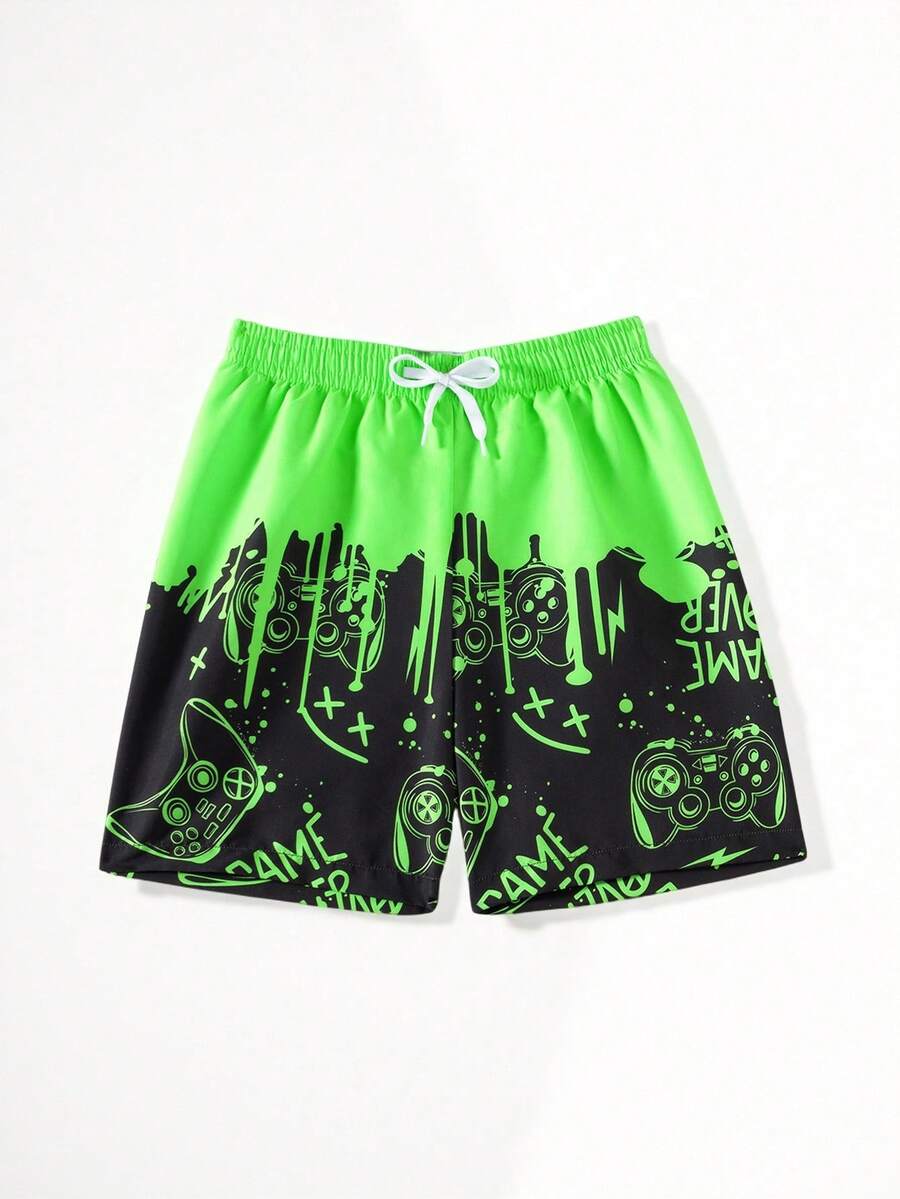 Fantacosmos Tween Boy Fluid Print Beach Video Gamepad & Letter Graphic Drawstring Waist Swim Trunks - Green - View 1