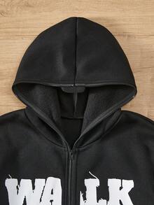 Coolqubz Tween Boys' "Walk With God" Printed Hooded Zip-Up Casual Street Jacket, Suitable For Spring, Autumn & Winter - Black - View 4