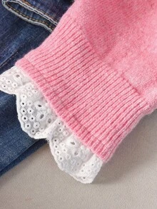 CosyJoli Plus Size Casual Lace Splice Round Neck Pullover Pink Mesh Sweater,Fall Clothes For Women Autumn