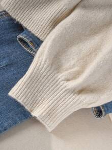 CosyJoli 大码休闲心形图案米色V领露背毛衣