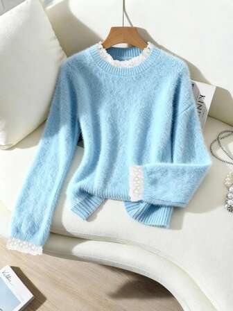 Zielony 时尚甜美蕾丝领3D柔软仿毛套头衫，百搭秋冬