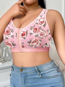 DesireSculpt 1 pieza Sujetador inalámbrico con cierre frontal y estampado floral para mujer de talla grande - Rosa - Ver 6