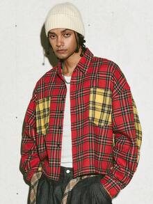 PAVTROS Manfinity Streetrush Men's Street-Style Popular INS Matching.Men's Streetwear,Men's Contrast Plaid Long Sleeve Shirt Collar Shirt,Cotton,Long Sleeve Shirts,Red Plaid Shirt,Christmas,Street Style, Boyfriend Gift Vintage Jacket Cropped Men Jacket Plaid Jacket Men - Multicolor - View 5