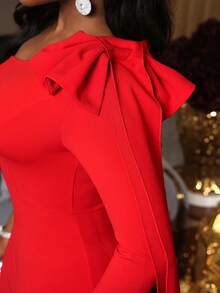 SHEIN Unity Women's Elegant One-Shoulder Oblique Collar Bow Patchwork Long Sleeve Bodycon Party Dress - Red - View 6