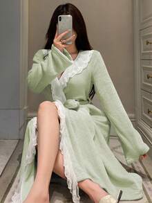 DAZY Women's Long Plush Fluffy Lace Ruffle Hem Patchwork Bathrobe, Winter - Mint Green - View 6