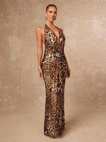 Lumalex V-Neck Sleeveless Cinched Waist Ruched Leopard Print Dress For Women - Khaki - View 5