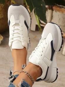 Zapatillas deportivas con suela gruesa, zapatillas deportivas retro con cordones, zapatillas deportivas informales, zapatillas deportivas con cordones y bloques de color, cómodas y relajadas, adecuadas para practicar deporte y viajar. - Azul - Ver 2