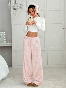 SHEIN EZwear Quần ống rộng dệt kim họa tiết, co giãn, thoải mái khi đi làm hàng ngày dành cho nữ, thu/đông - Hồng - Xem 5