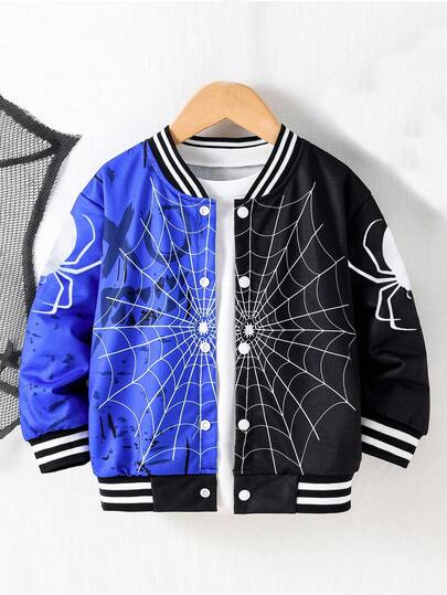 Fantacosmos 1 件年轻男孩休闲蜘蛛印花长袖夹克，适合假期、度假、旅行、放松、日光浴、校园、夏季