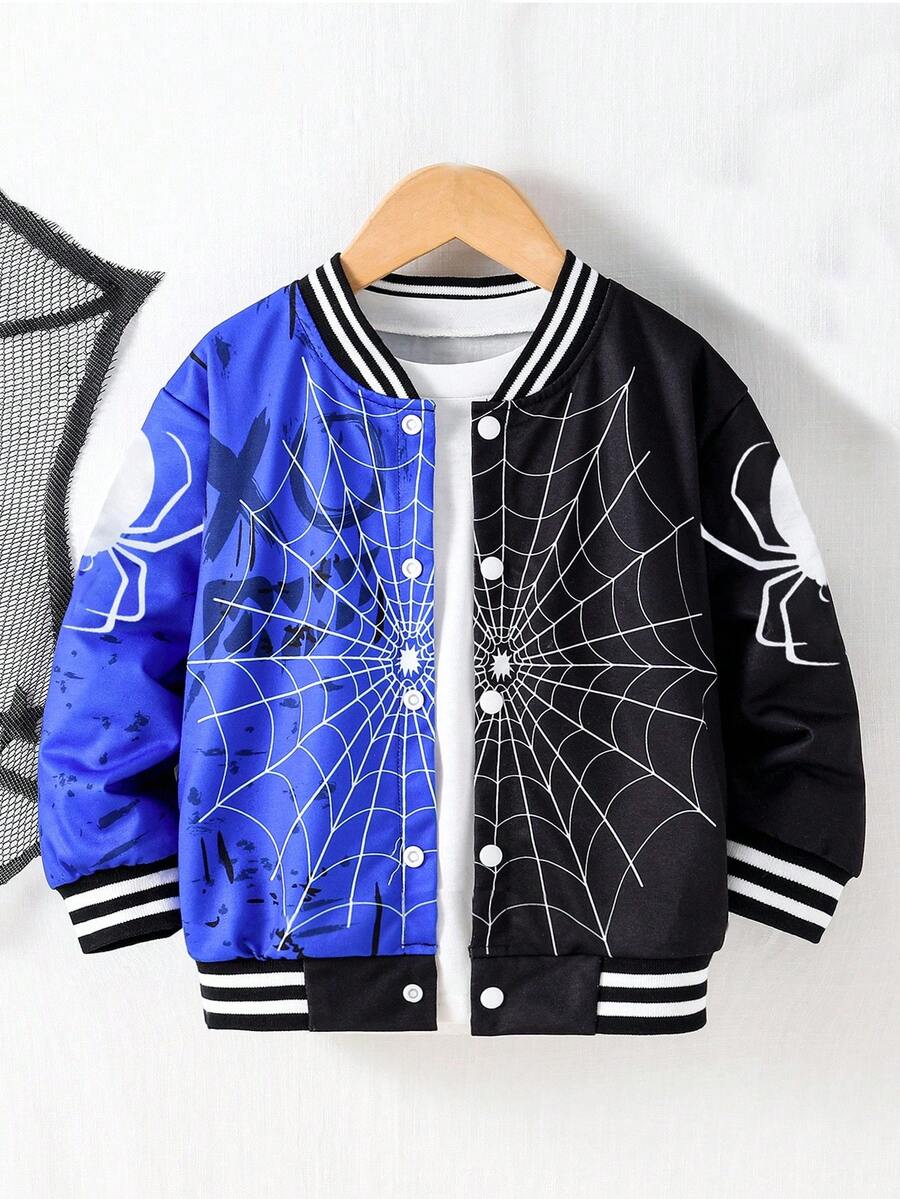 Fantacosmos 1 件年轻男孩休闲蜘蛛印花长袖夹克，适合假期、度假、旅行、放松、日光浴、校园、夏季