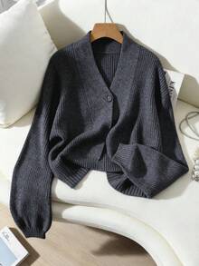 SHEIN Franclia 女士秋冬新品：高端宽松长袖立领针织开衫，简约时尚设计，V领灯笼袖，复古灰色毛衣开衫 - 灰色 - 查看 1