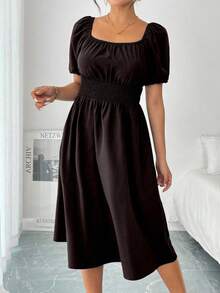 EMERY ROSE 女式绿色方领泡泡袖褶皱收腰连衣裙，春夏 - 咖啡 - 查看 4