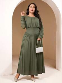 Veilorie Plus Size Solid Color Round Neck Long Sleeve Casual Fishbone Pleated Casual Dress - Olive Green - View 1