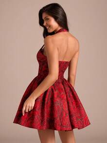 Enchnt 女士红色花卉提花吊带优雅迷你连衣裙 - 酒紅色 - 查看 7