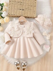 Souflis Souflis Baby Girls' Solid Color Short Floral Wool Blend Jacket, A-Line Dress With Matching Beret 3-Piece Set. Featuring 3D Floral Decor, Elegant And Adorable. A-Line Silhouette Suitable For Various Baby Body Types. Perfect For Outings, Playtime, Or Photo Shoots To Make Your Little Princess Shine. - Apricot - View 3