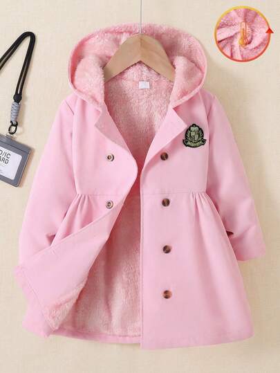 SHEIN Explorewe Girls' Khaki Thermal Lined Hooded Double-Breasted Fashion Jacket, Suitable For Back To School Season, Young Girl' Campus Wear And Sportswear In 2025