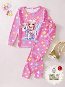 一套女童睡衣，粉色夜光童话奇幻独角兽和星星印花修身长袖上衣和裤子睡衣套装 - 粉色 - 查看 4