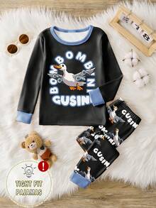 一套男童睡衣，Bombombini Gusini 品牌，时尚可爱飞机鸭印花撞色滚边紧身长袖上衣和裤子两件套睡衣，春秋季款 - 黑色 - 查看 3
