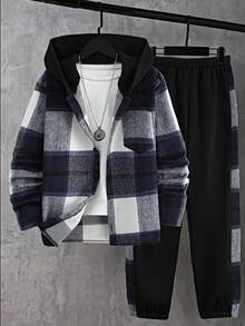 Vacaura 2 件套青少年休闲连帽格子外套和格子侧条纹运动裤，春秋季 - 彩色 - 查看 6