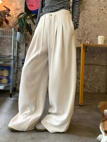 DAZY 女士宽松纯色抽绳腰阔腿裤，休闲街头风，秋冬款 - 杏色 - 查看 6