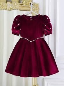 Young Girls Burgundy Velvet Round Neck Pearl Beaded Puff Sleeve Waist Fit & Flare Dress, Suitable For New Year, Party, Gathering, Christmas