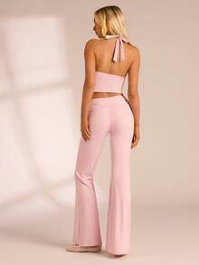 Glamine Women's New Arrival Sexy Sleeveless Deep V-Neck Crop Top, Fitted Flare Pants, 2 Piece Set, Suitable For Casual Exercise, Outdoor Sports, Yoga, Fitness - Pink - View 2