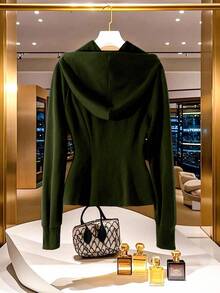 Franclia 女士黑白拼接连帽卫衣外套，秋冬款 - 墨綠色 - 查看 2