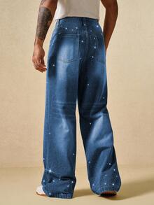 ROMWE MEN Street Life Loose Straight Comfortable Rhinestone Pocket Casual Jeans - Medium Wash - View 2