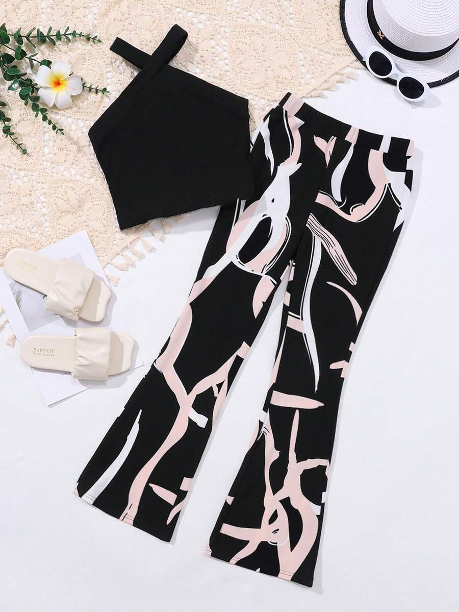 SHEIN Tween Girl Academy Cross Halter Top And Flare Pants Set - Black - View 1