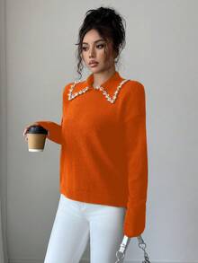 SHEIN Elenzya Women's Red Orange,Autumn,Elegant,Tea Party Embellished Collar Black Knit Sweater,Vintage Gothic Business Casual Top,Versatile Office School Outfit - Orange - View 3