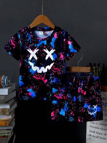 SHEIN Fantacosmos 2pcs/Set Young Boy Cartoon Pattern Round Neck Short Sleeve T-Shirt And Shorts, Summer - Black - View 5