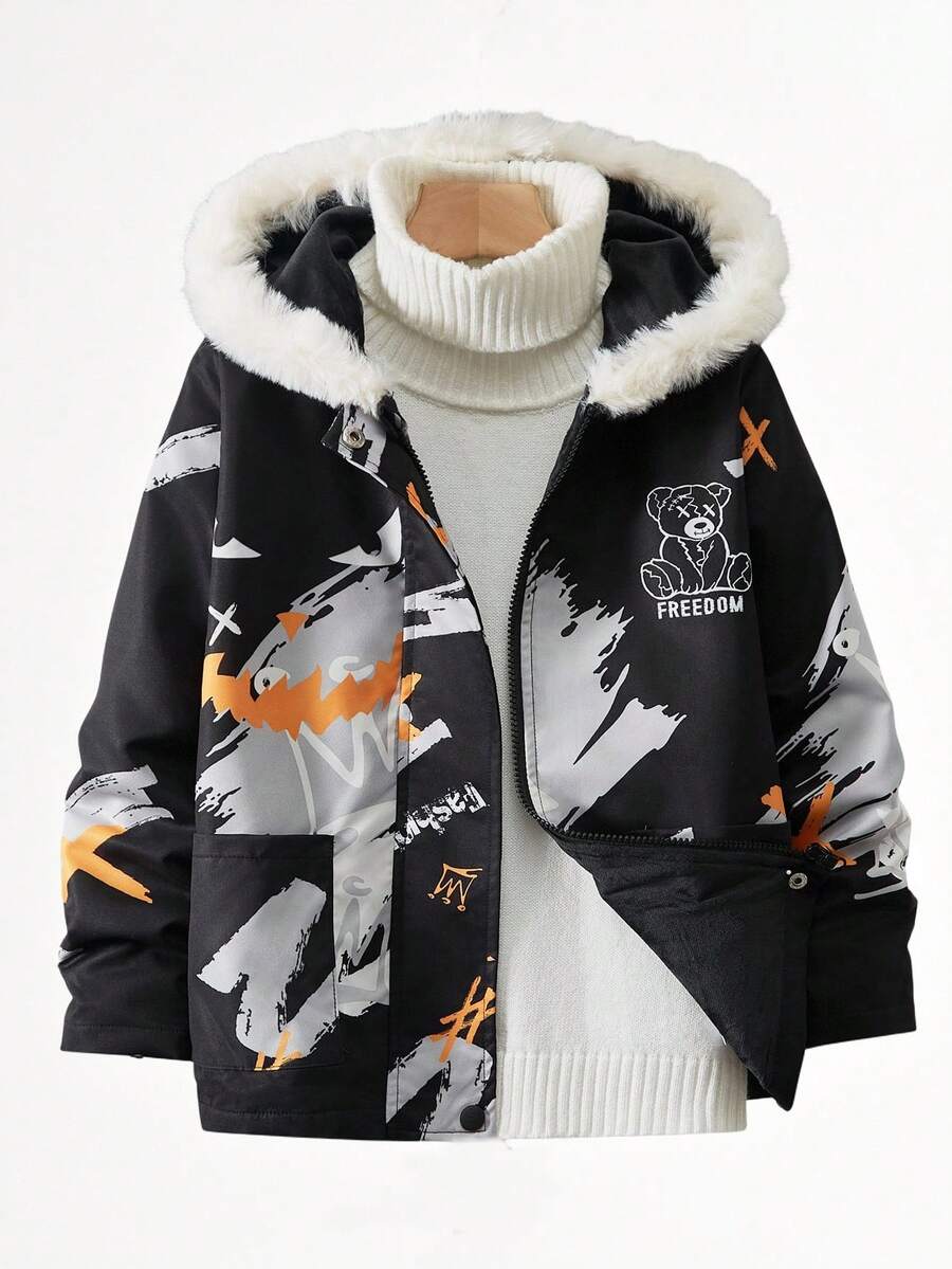 Fantacosmos 男童加厚保暖字母熊印花内衬外套